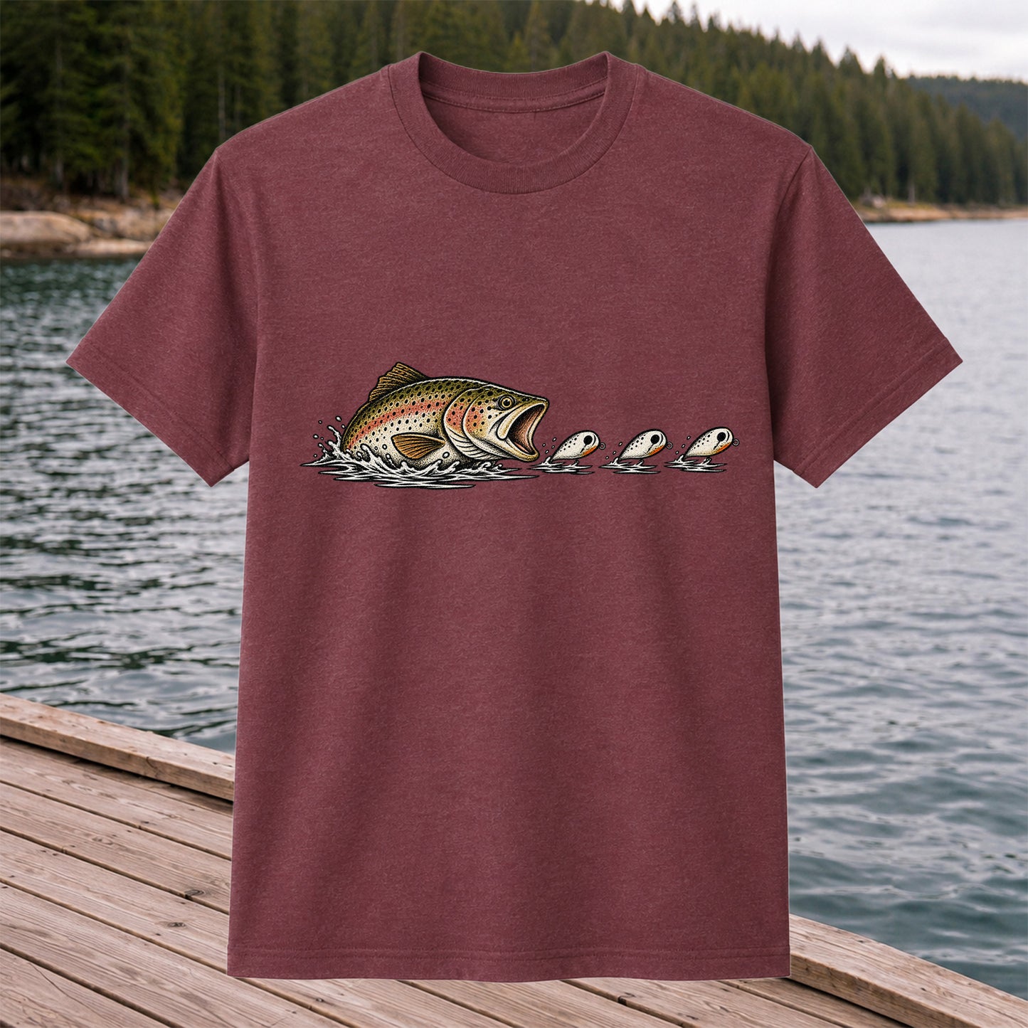 Brown Trout Chasing Fishing Lures Hand-Drawn Graphic T-Shirt