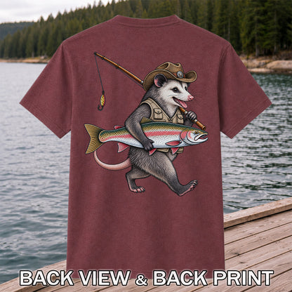 Cowboy Opossum Holding Rainbow Trout Fishing Graphic T-Shirt | Back Print