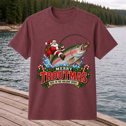 Merry Troutmas Reel in the Holiday Spirit Santa Riding Rainbow Trout Christmas Fishing T-Shirt