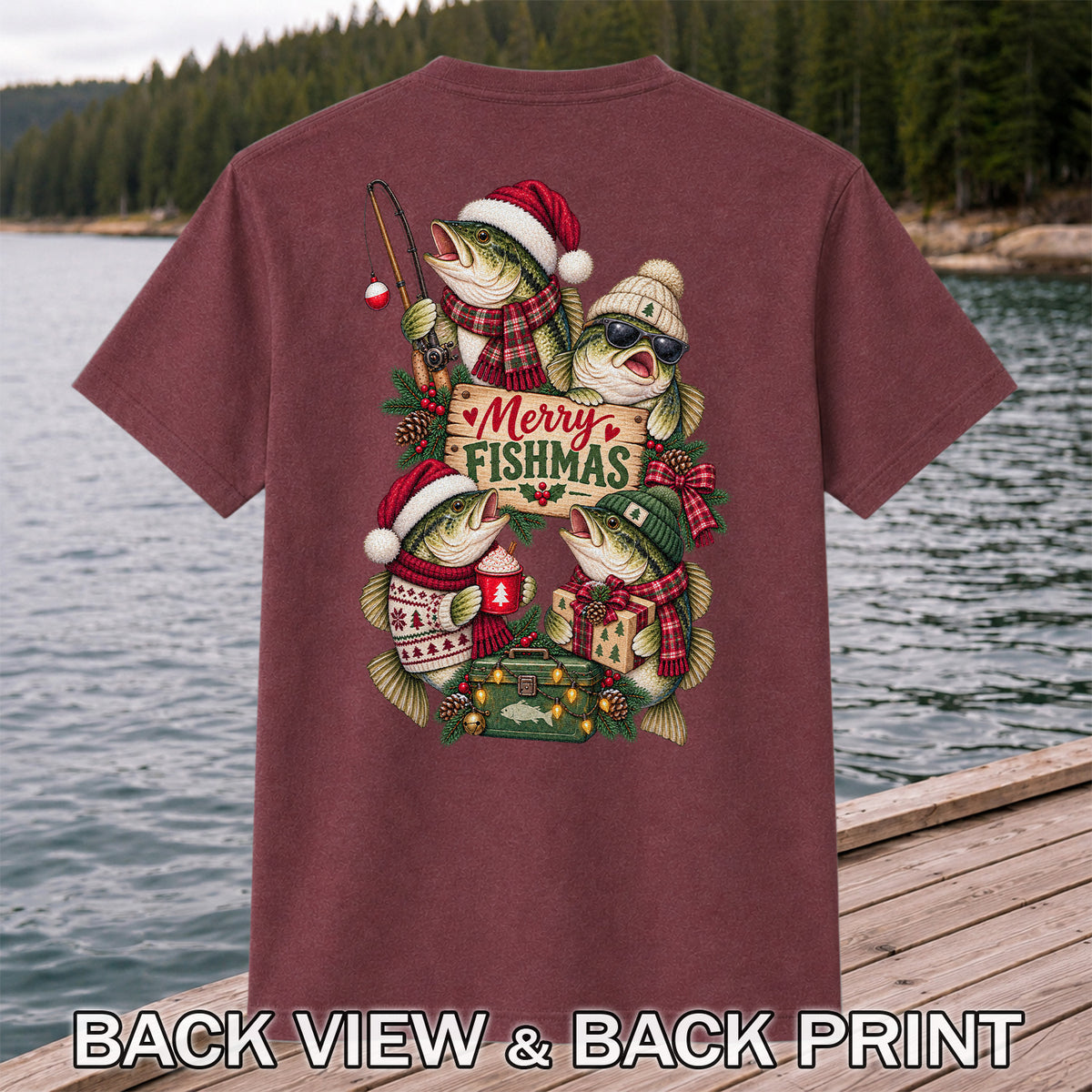 Merry Fishmas Bass Christmas Fishing Graphic T-Shirt | Back Print