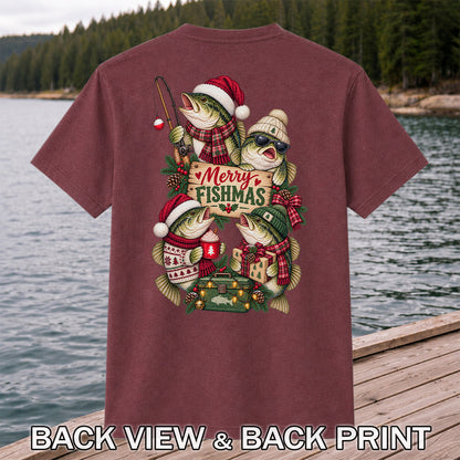 Merry Fishmas Bass Christmas Fishing Graphic T-Shirt | Back Print