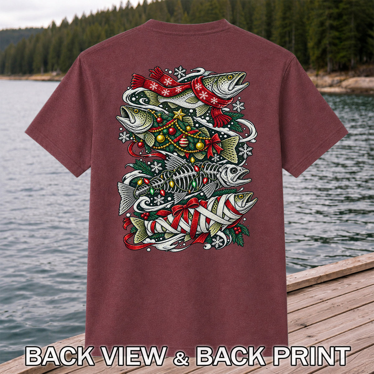 Christmas Trout and Fish Skeleton Holiday Fishing T-Shirt | Back Print