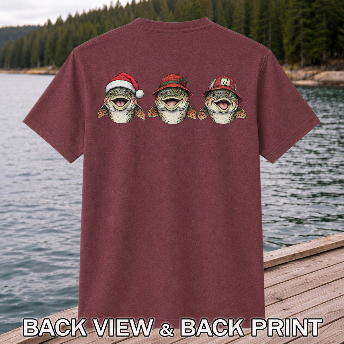 Funny Christmas Trout Trio Fishing Graphic T-Shirt | Back Print