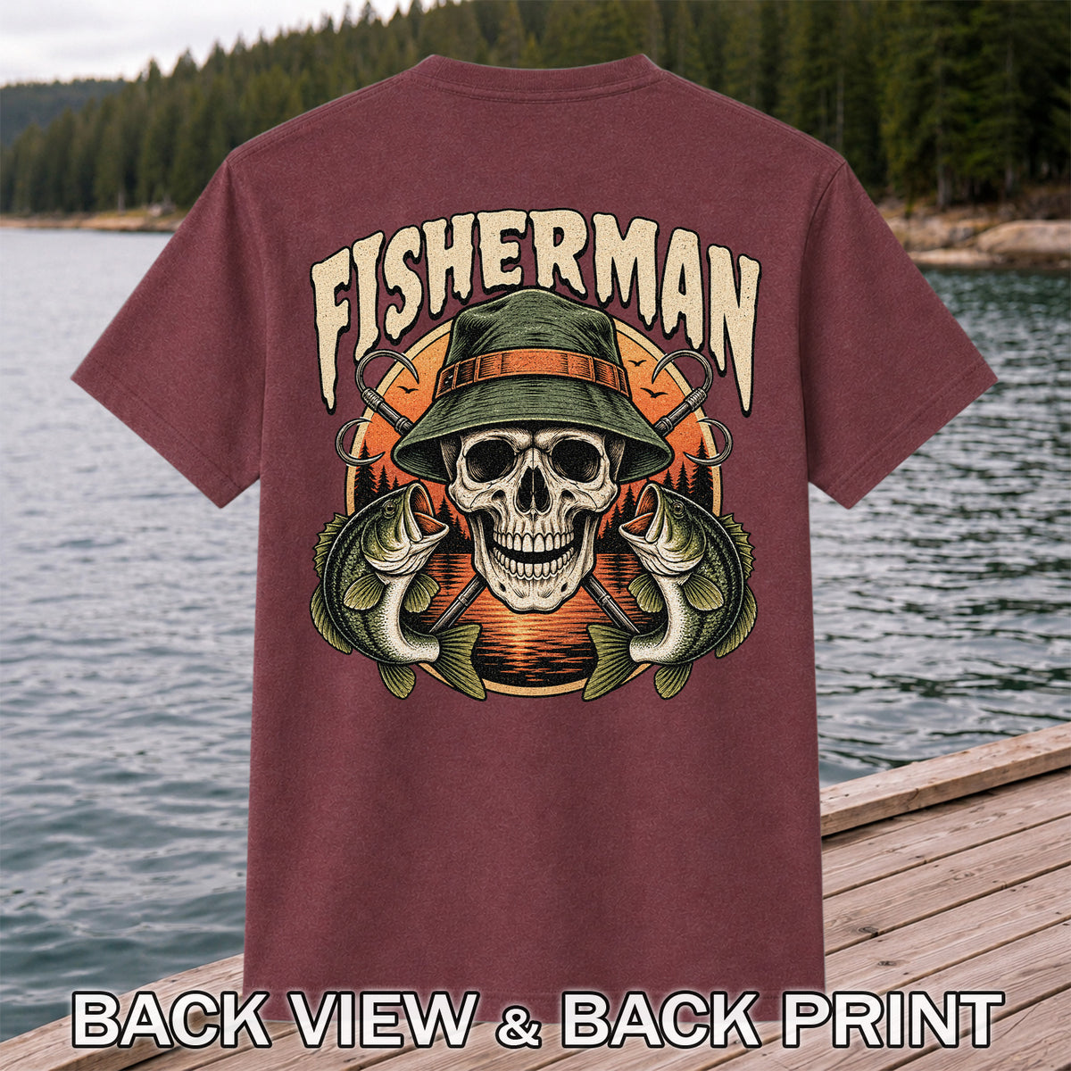 Fisherman Skull with Bucket Hat and Bass Fishing Graphic T-Shirt | Back Print