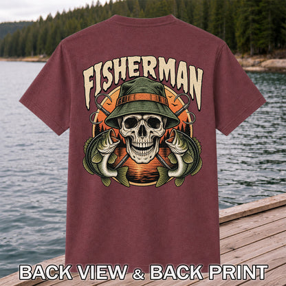 Fisherman Skull with Bucket Hat and Bass Fishing Graphic T-Shirt | Back Print