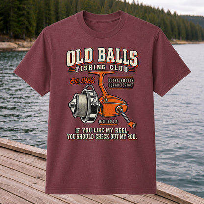 Old Balls Fishing Club Vintage Spinning Reel Graphic T-Shirt