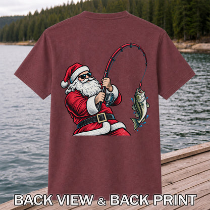 Santa Claus Catching a Bass Christmas Fishing Graphic T-Shirt | Back Print
