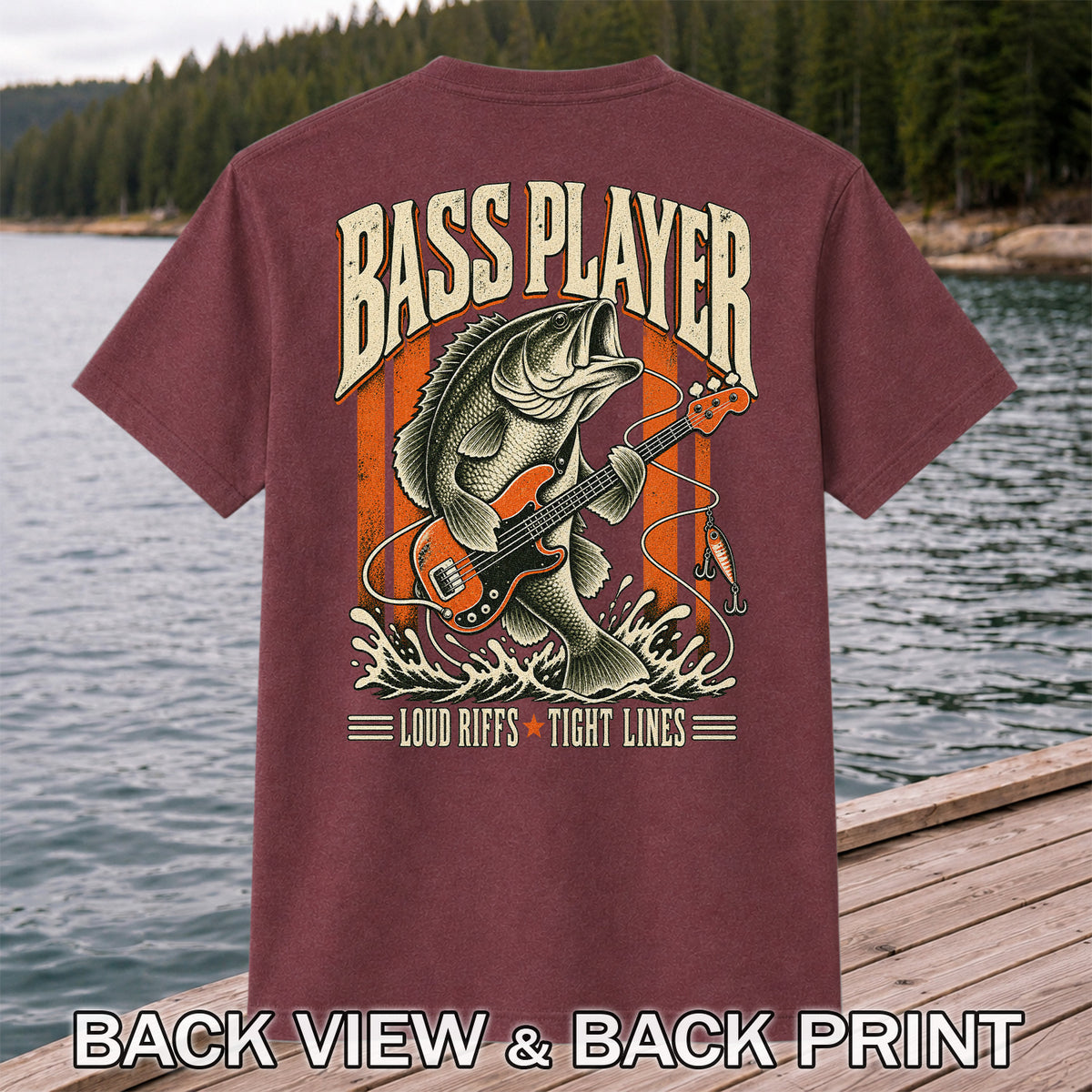 Bass Playing Guitar Vintage Fishing Graphic T-Shirt | Back Print