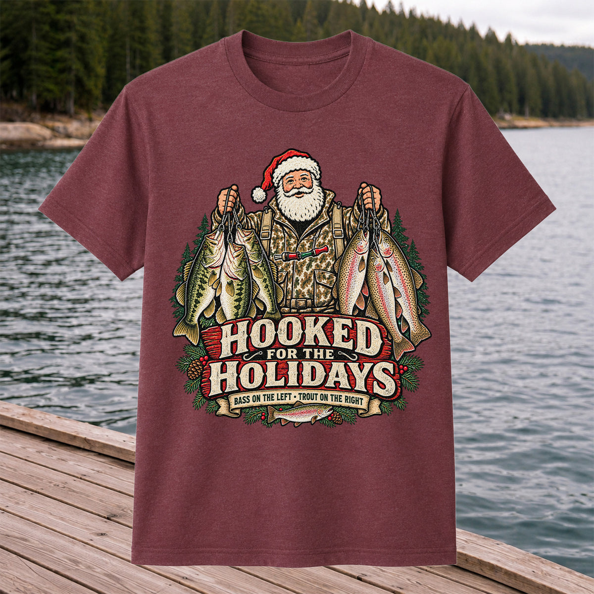 Hooked for the Holidays Bass on the Left Trout on the Right Santa Christmas Fishing T-Shirt