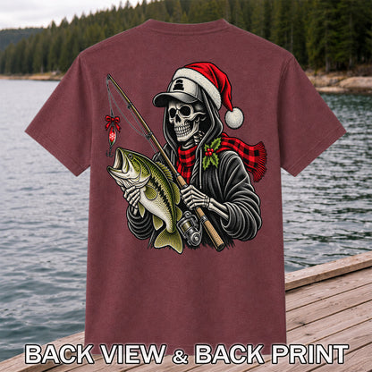 Christmas Skeleton Angler with Santa Hat and Bass Fishing T-Shirt | Back Print