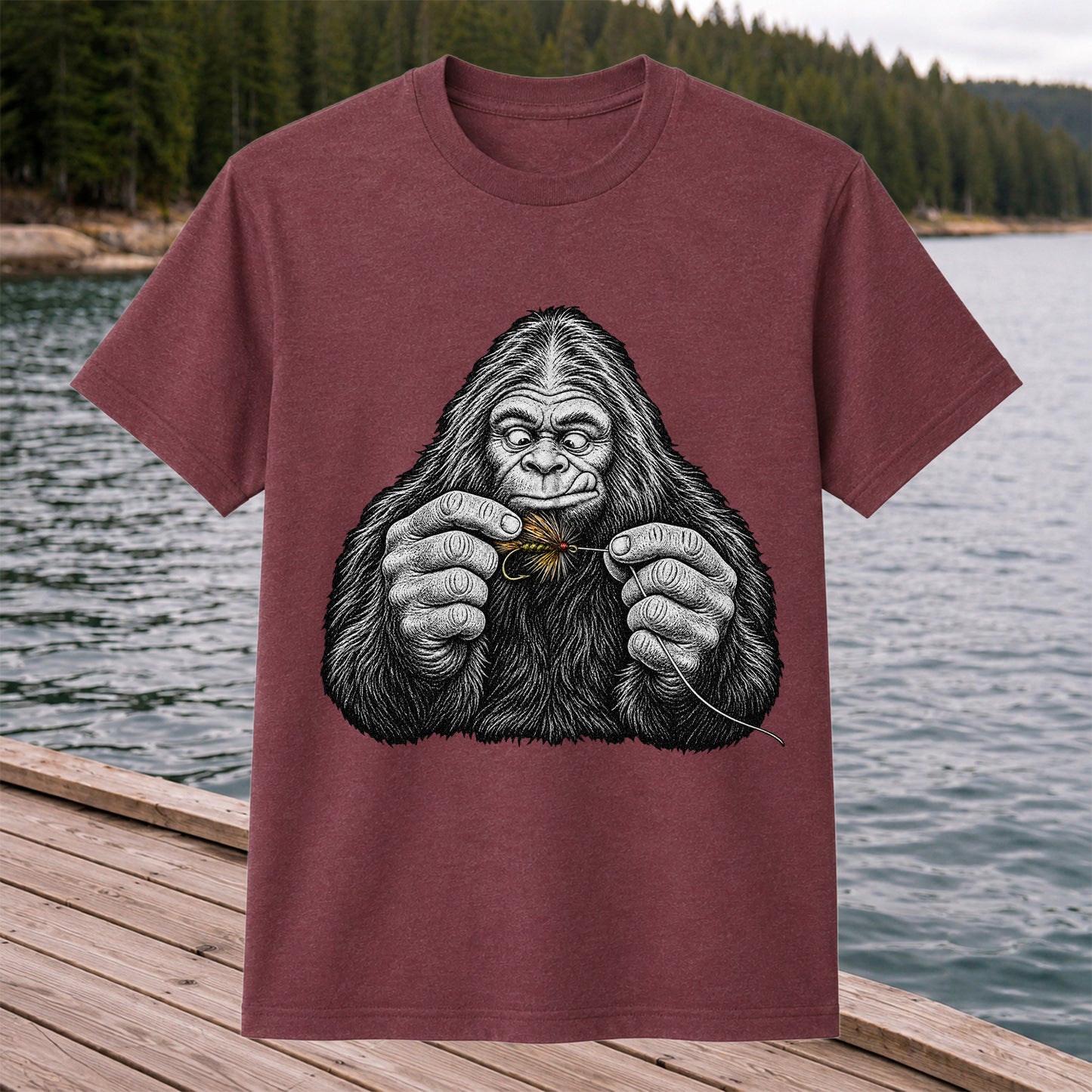 Bigfoot Tying a Fly Fishing Lure Graphic T-Shirt