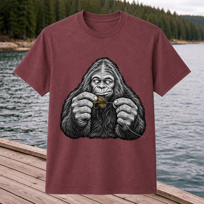 Bigfoot Tying a Fly Fishing Lure Graphic T-Shirt