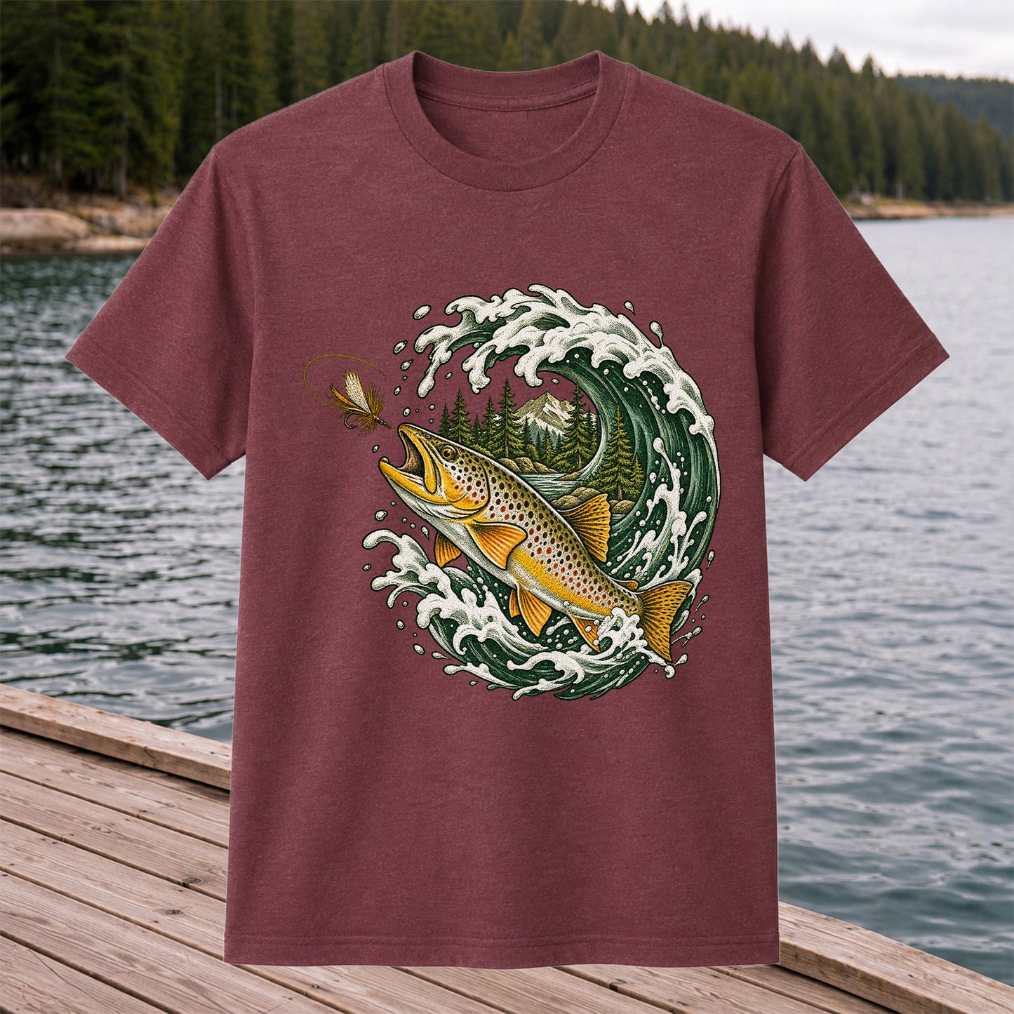 Brown Trout Chasing a Fly Through a Mountain Wave Graphic T-Shirt