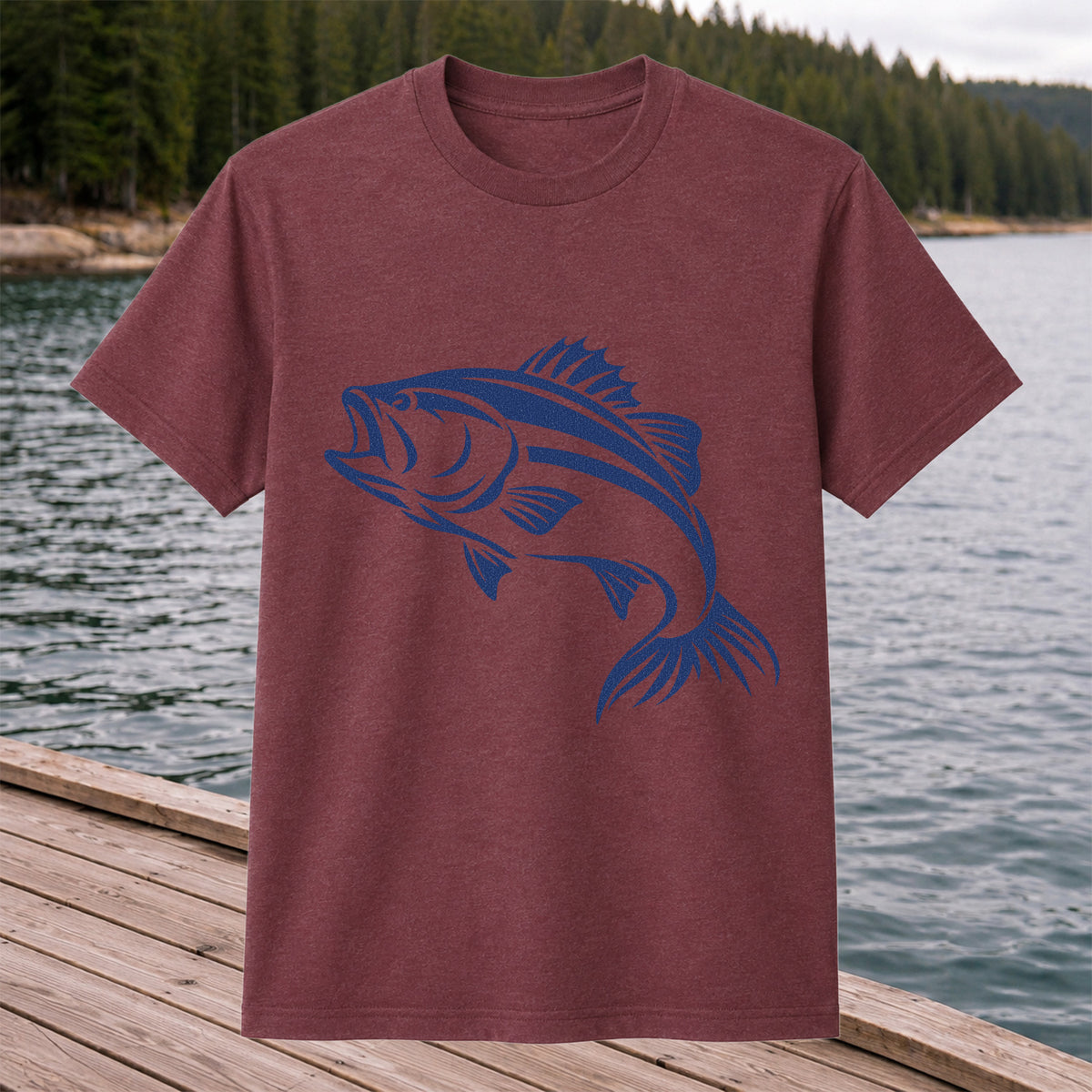 Blue Bass Fishing Line Art Graphic T-Shirt