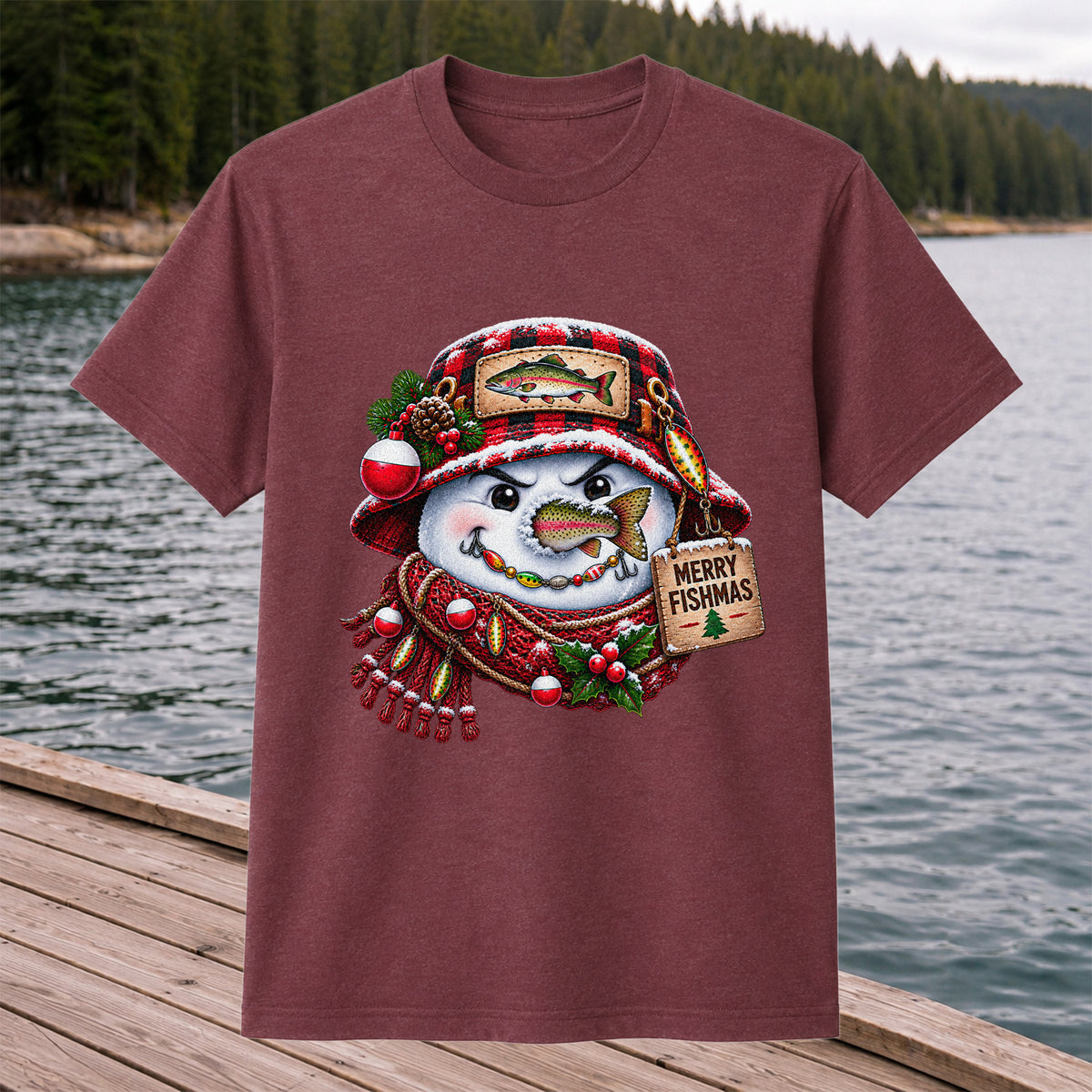 Merry Fishmas Snowman with Rainbow Trout Christmas Fishing T-Shirt