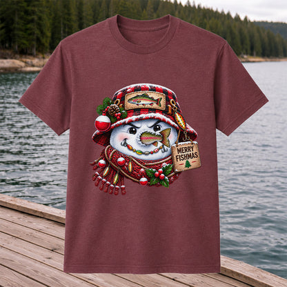 Merry Fishmas Snowman with Rainbow Trout Christmas Fishing T-Shirt