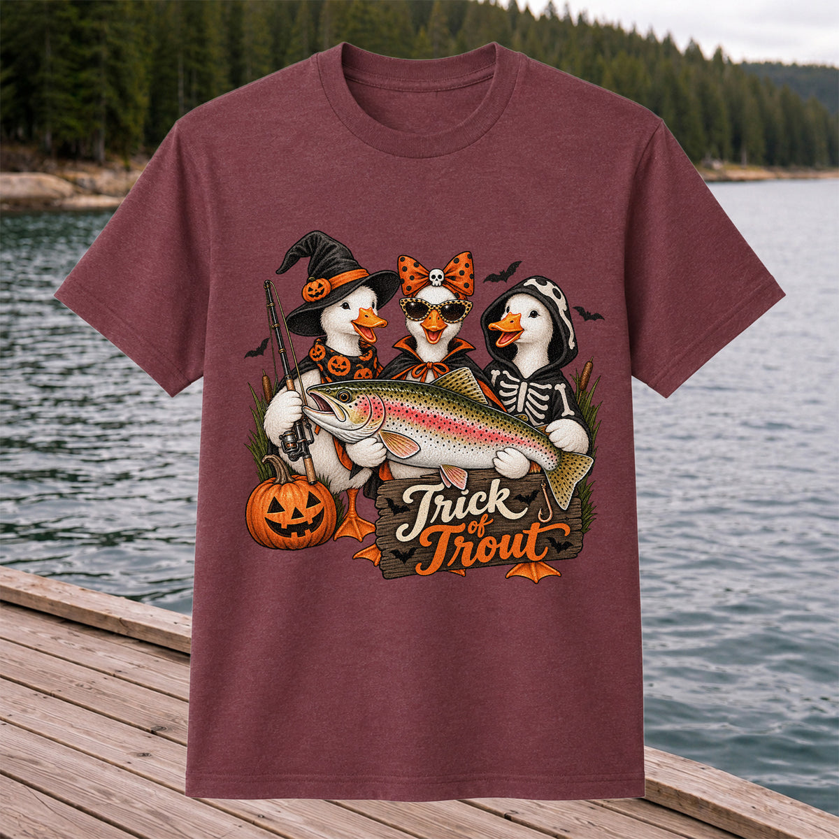 Trick of Trout Halloween Ducks with Rainbow Trout Fishing T-Shirt