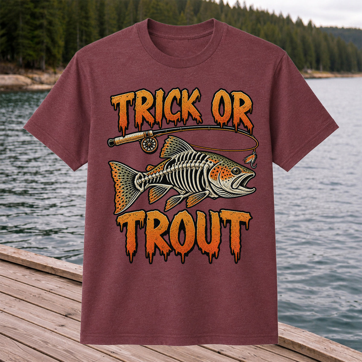 Trick or Trout Skeleton Trout Halloween Fly Fishing T-Shirt