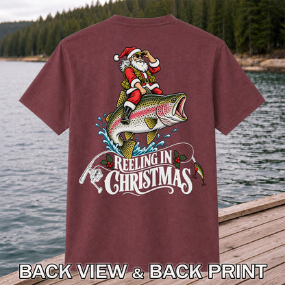 Reeling in Christmas Santa Rainbow Trout Fishing T-Shirt | Back Print