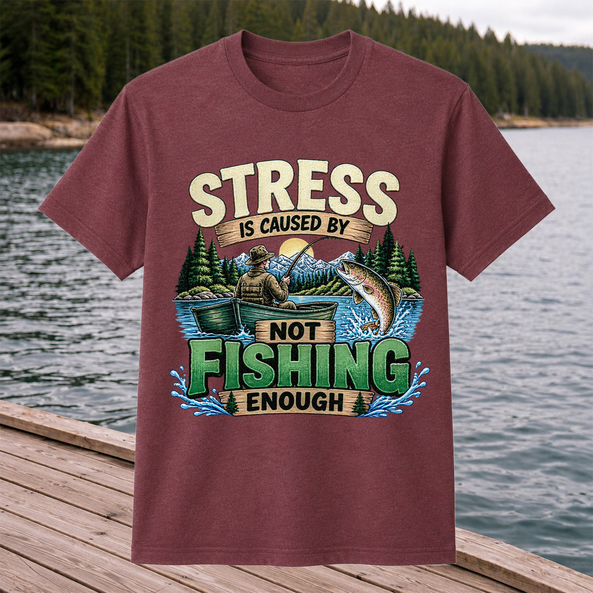 Stress Is Caused by Not Fishing Enough Rainbow Trout and Fishing Boat T-Shirt