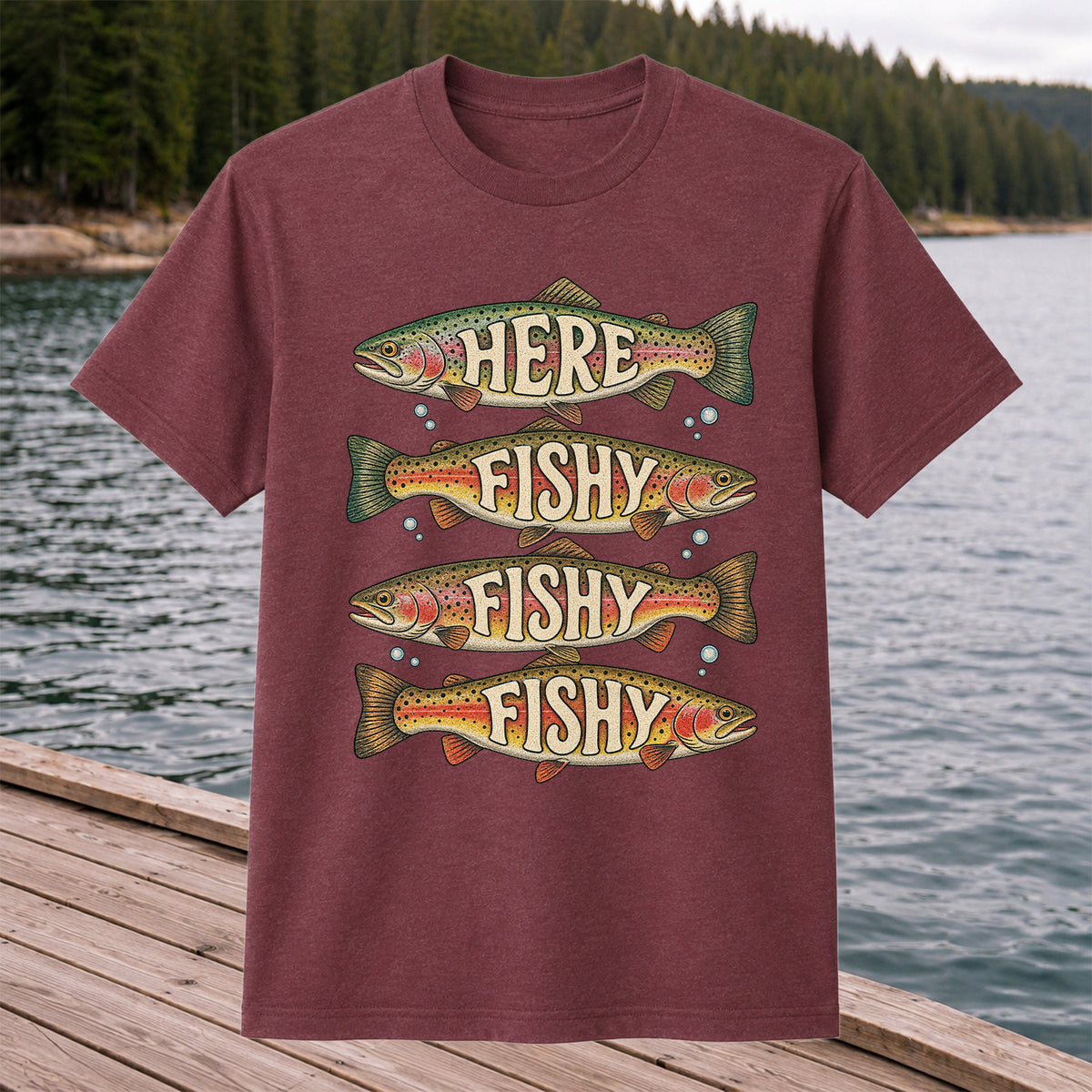 Here Fishy Fishy Fishy Rainbow Trout Fishing Graphic T-Shirt