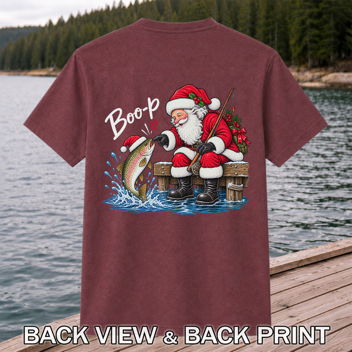 Santa Fishing for Rainbow Trout Christmas Graphic T-Shirt | Back Print