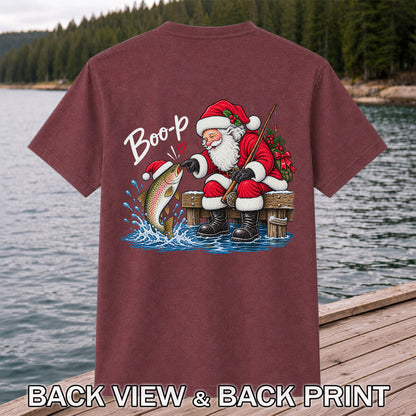 Santa Fishing for Rainbow Trout Christmas Graphic T-Shirt | Back Print
