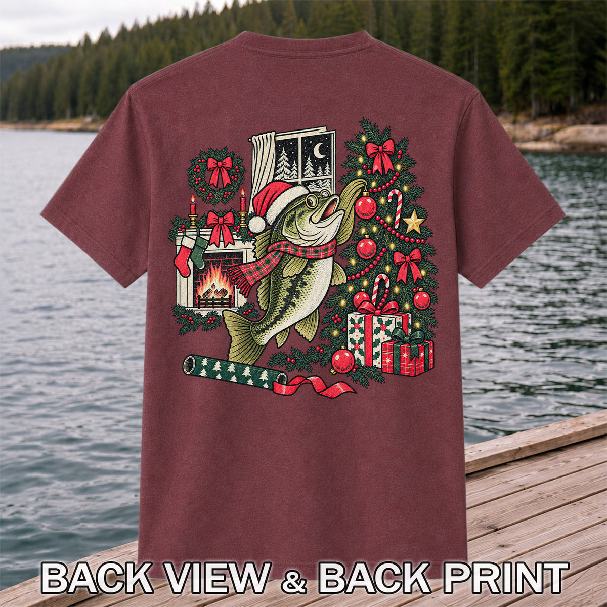 Christmas Bass Fishing Fireplace Tree Graphic T-Shirt | Back Print