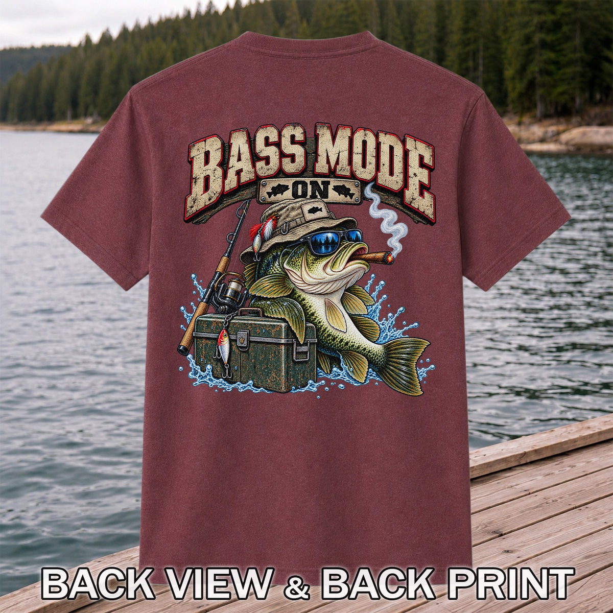 Bass Mode On Funny Bass with Cigar Fishing Graphic T-Shirt | Back Print
