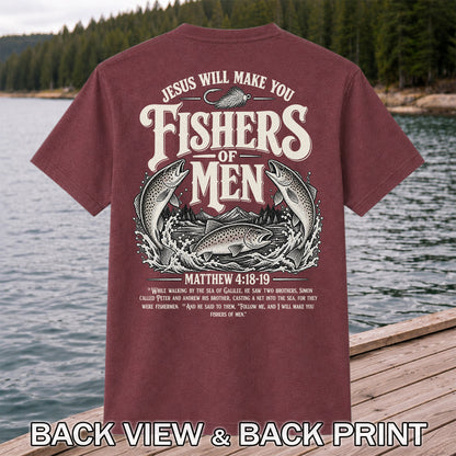 Jesus Will Make You Fishers of Men Matthew 4:18-19 Trout Fishing T-Shirt | Back Print