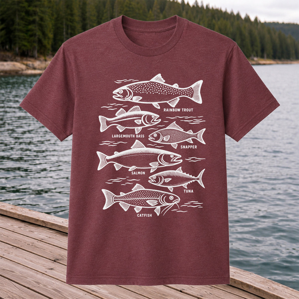 Rainbow Trout, Largemouth Bass, Snapper, Salmon, Tuna and Catfish Fishing Graphic T-Shirt