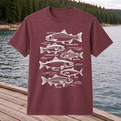 Rainbow Trout, Largemouth Bass, Snapper, Salmon, Tuna and Catfish Fishing Graphic T-Shirt