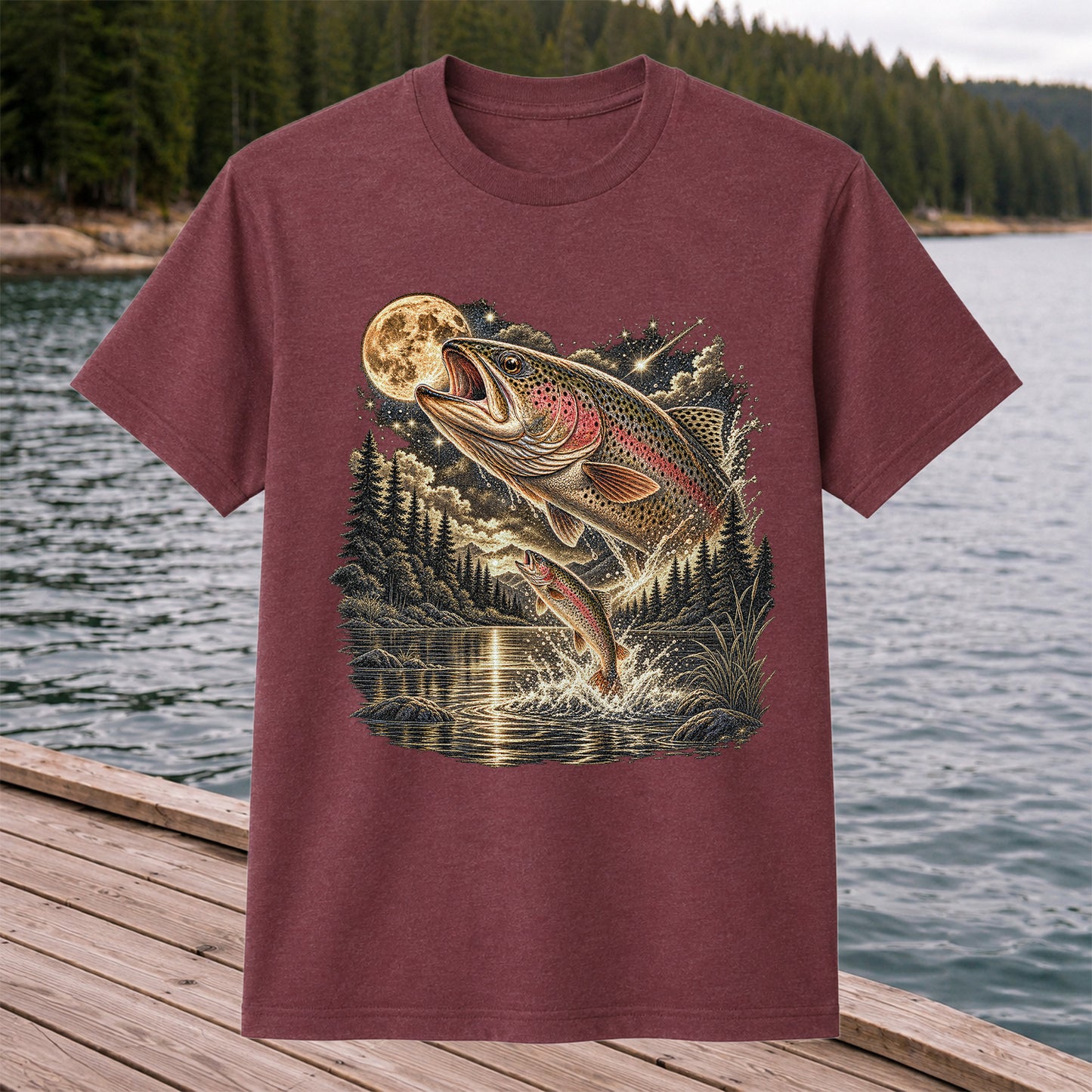 Moonlit Rainbow Trout Jumping from Mountain Lake Graphic T-Shirt