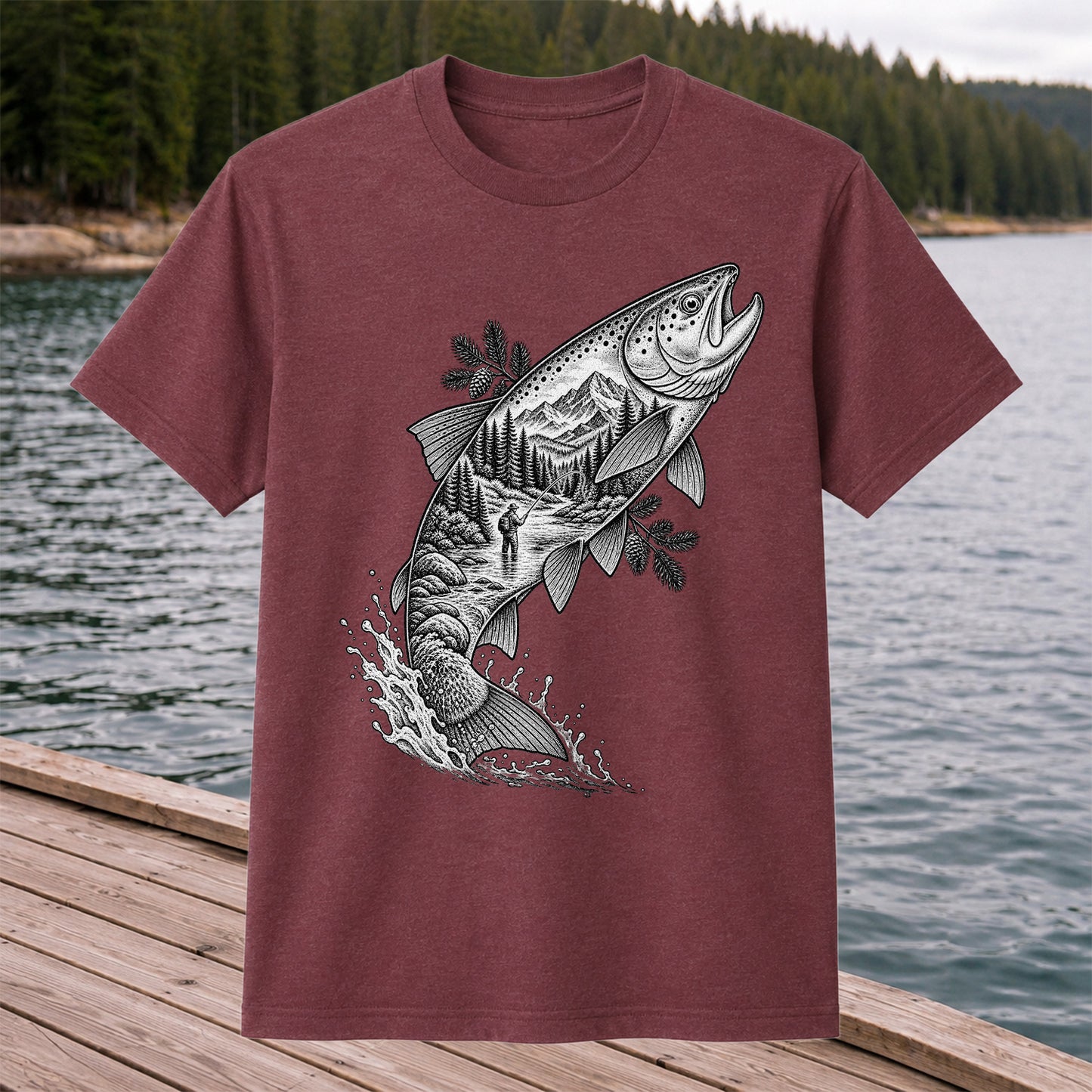 Leaping Trout with Mountain River and Angler Fishing Graphic T-Shirt