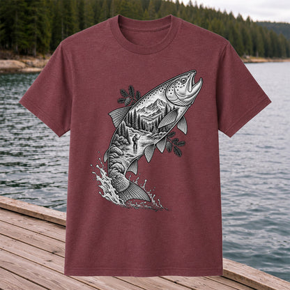 Leaping Trout with Mountain River and Angler Fishing Graphic T-Shirt