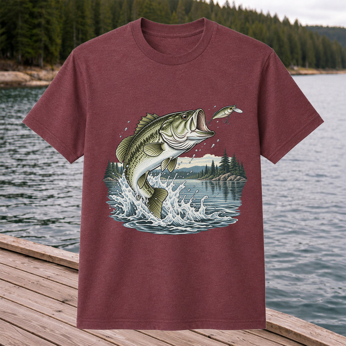 Jumping Largemouth Bass Chasing a Lure Lake Fishing Graphic T-Shirt