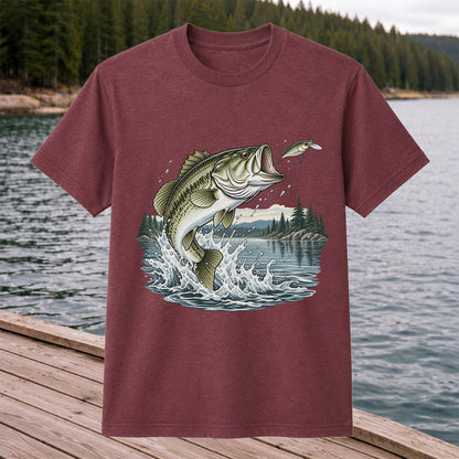 Jumping Largemouth Bass Chasing a Lure Lake Fishing Graphic T-Shirt