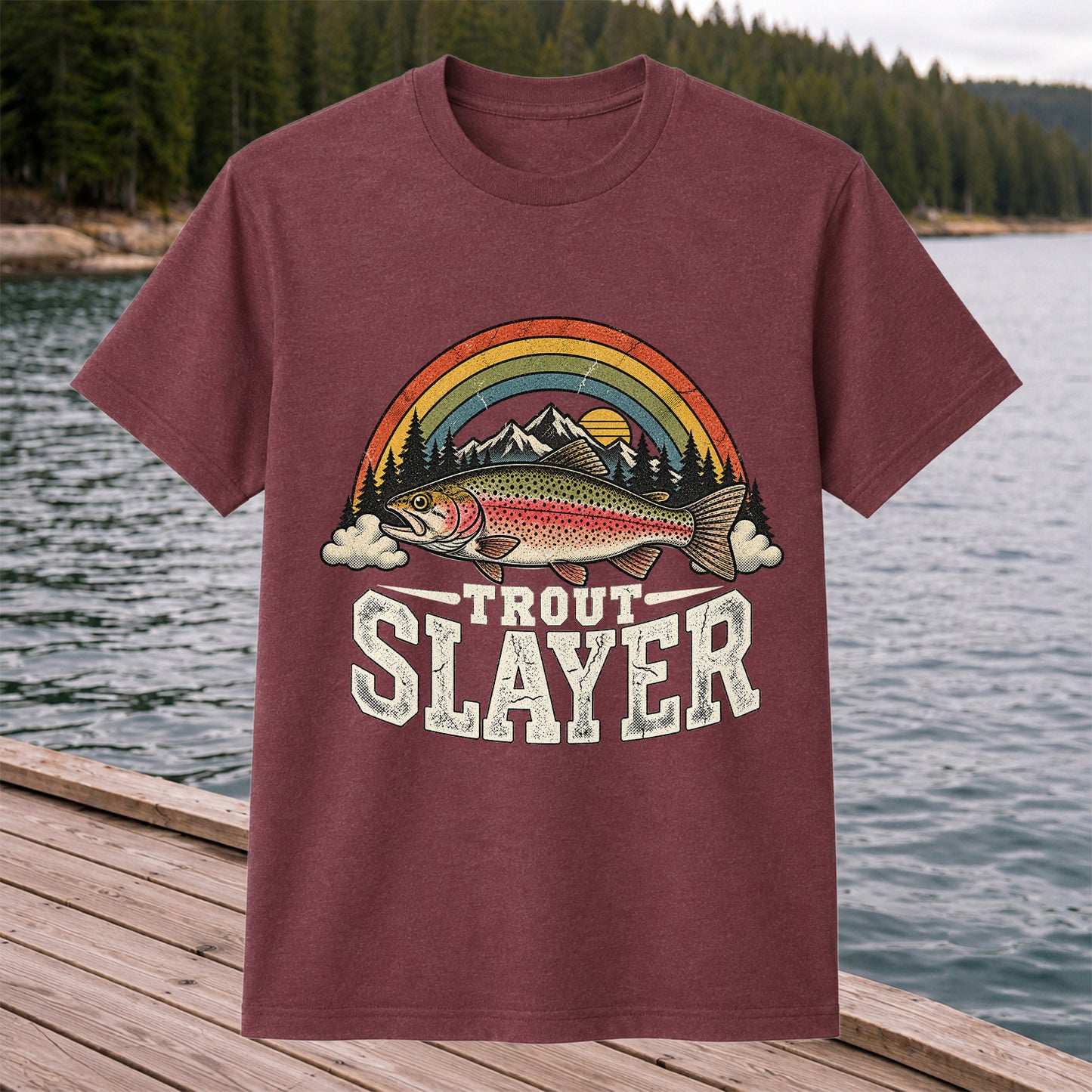 Trout Slayer Rainbow Trout Mountain Sunset Fishing T-Shirt