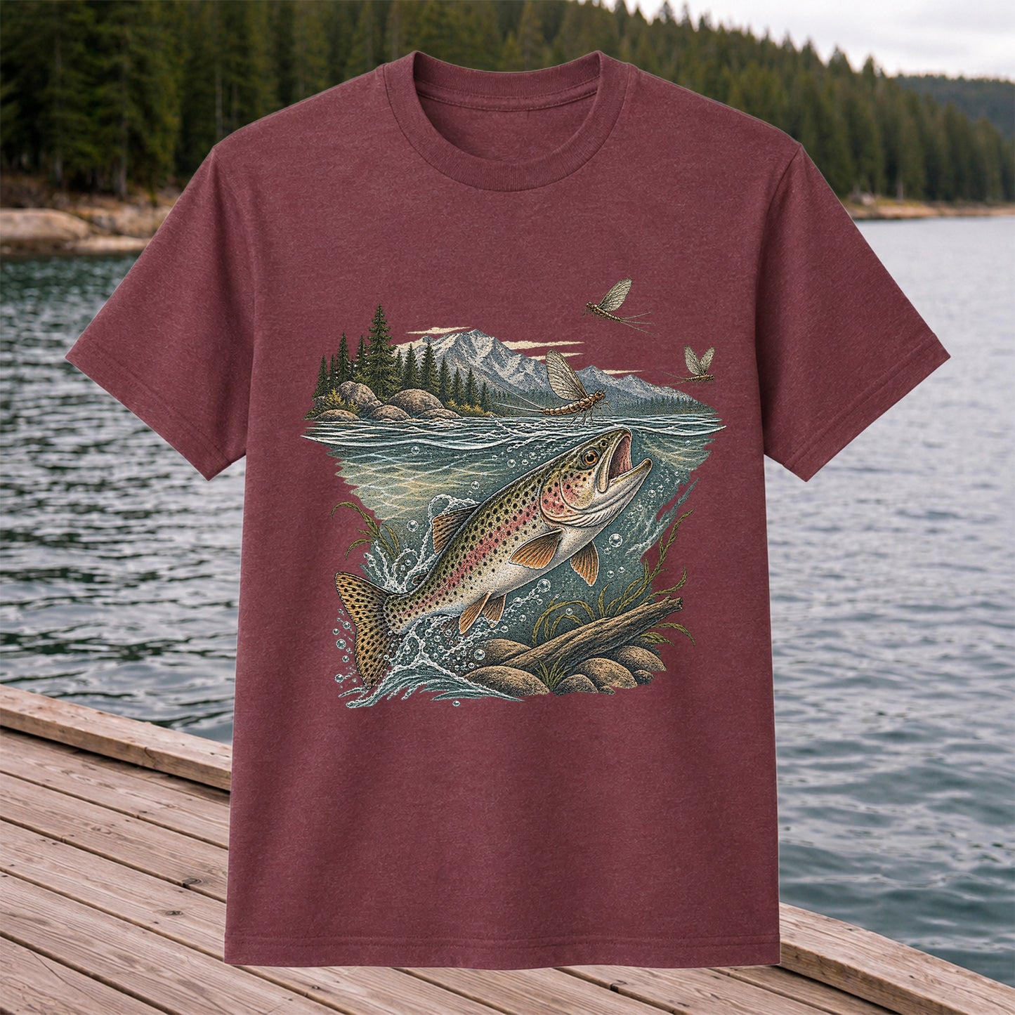 Mountain River Rainbow Trout Fly Fishing Graphic T-Shirt