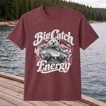 Big Catch Energy Bear Holding Trout Fishing T-Shirt