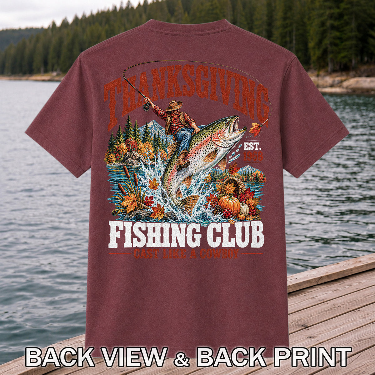 Thanksgiving Cowboy Trout Fishing Club Graphic T-Shirt | Back Print