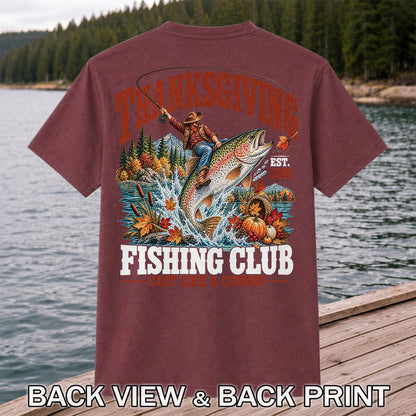 Thanksgiving Cowboy Trout Fishing Club Graphic T-Shirt | Back Print