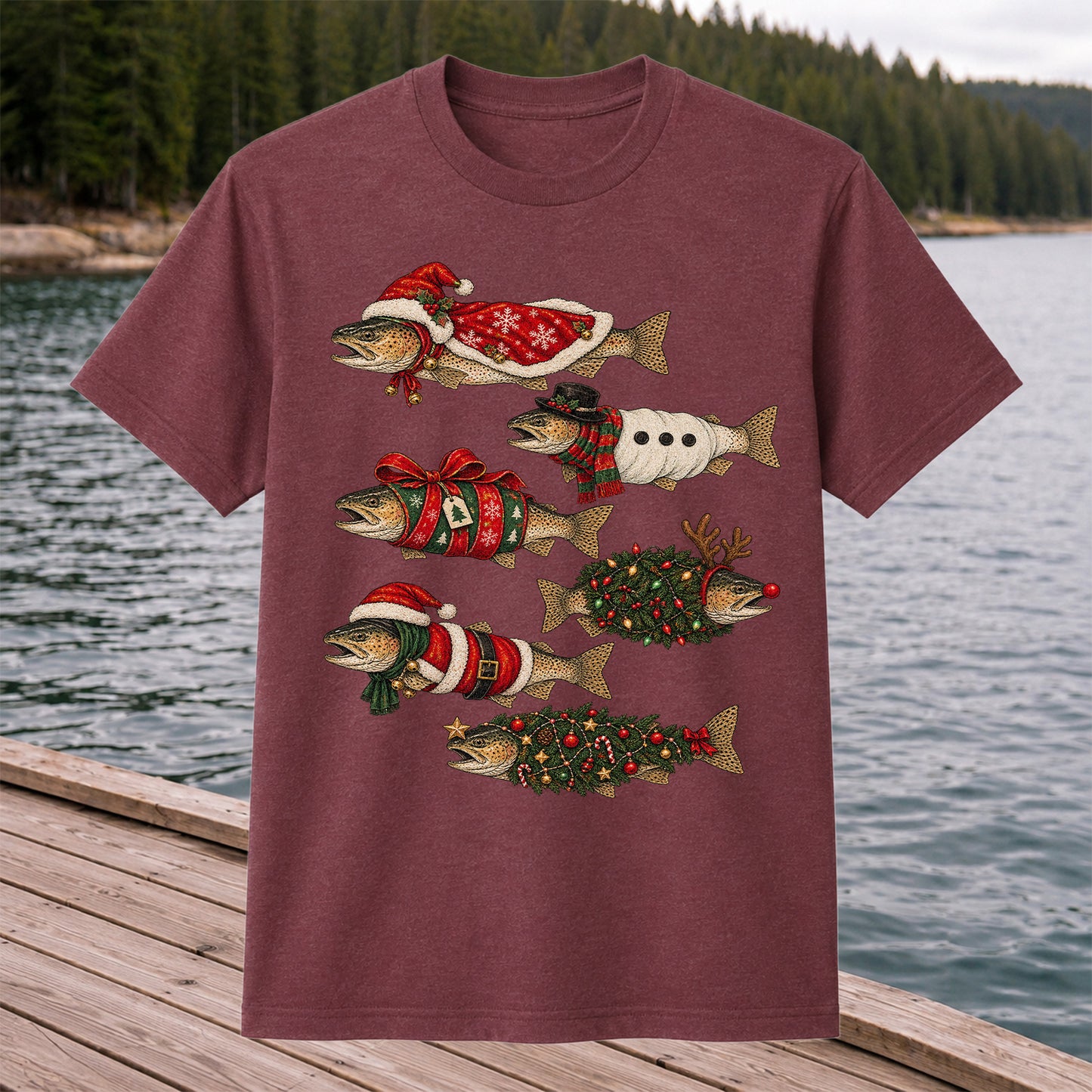 Christmas Trout in Festive Costumes Fishing Graphic T-Shirt