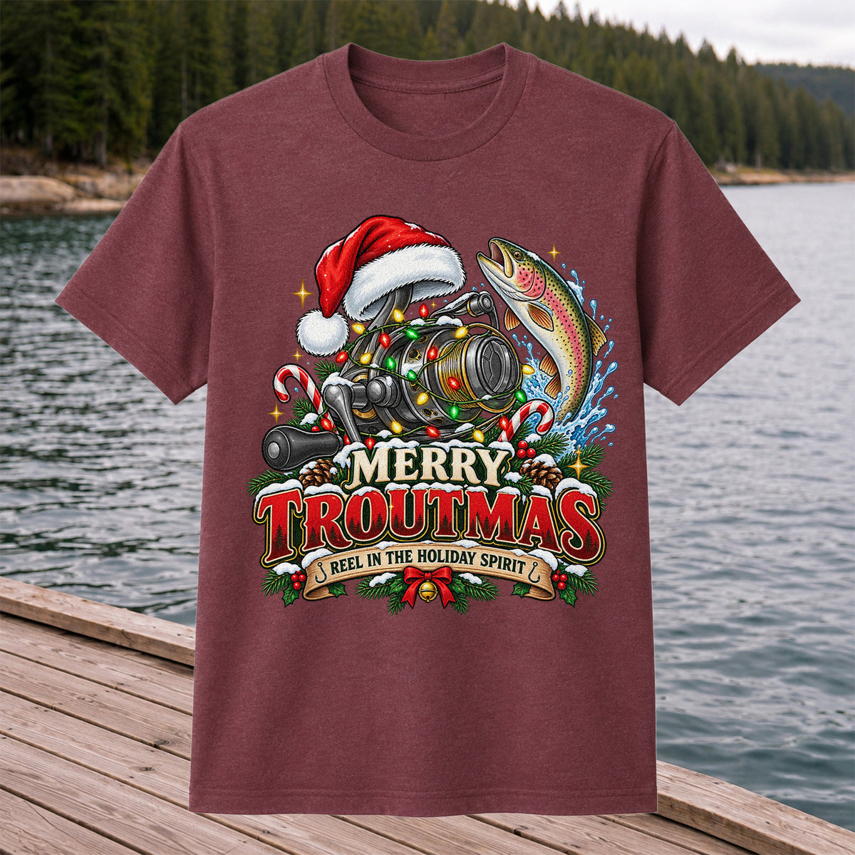 Merry Troutmas Reel in the Holiday Spirit Rainbow Trout and Fishing Reel T-Shirt