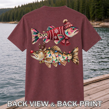 Festive Christmas Fish with Lights Fishing Graphic T-Shirt | Back Print