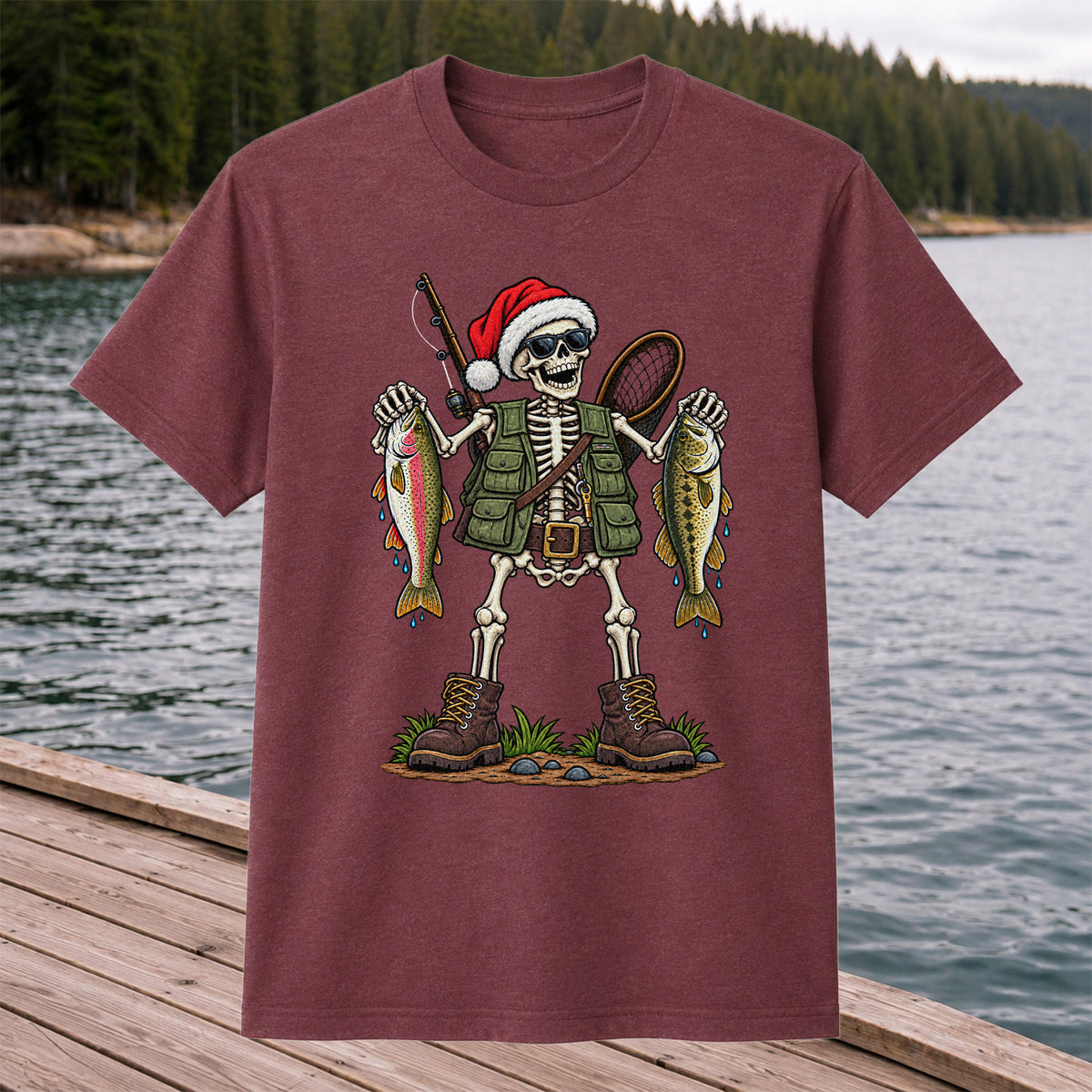 Santa Hat Skeleton Holding Trout and Bass Christmas Fishing T-Shirt