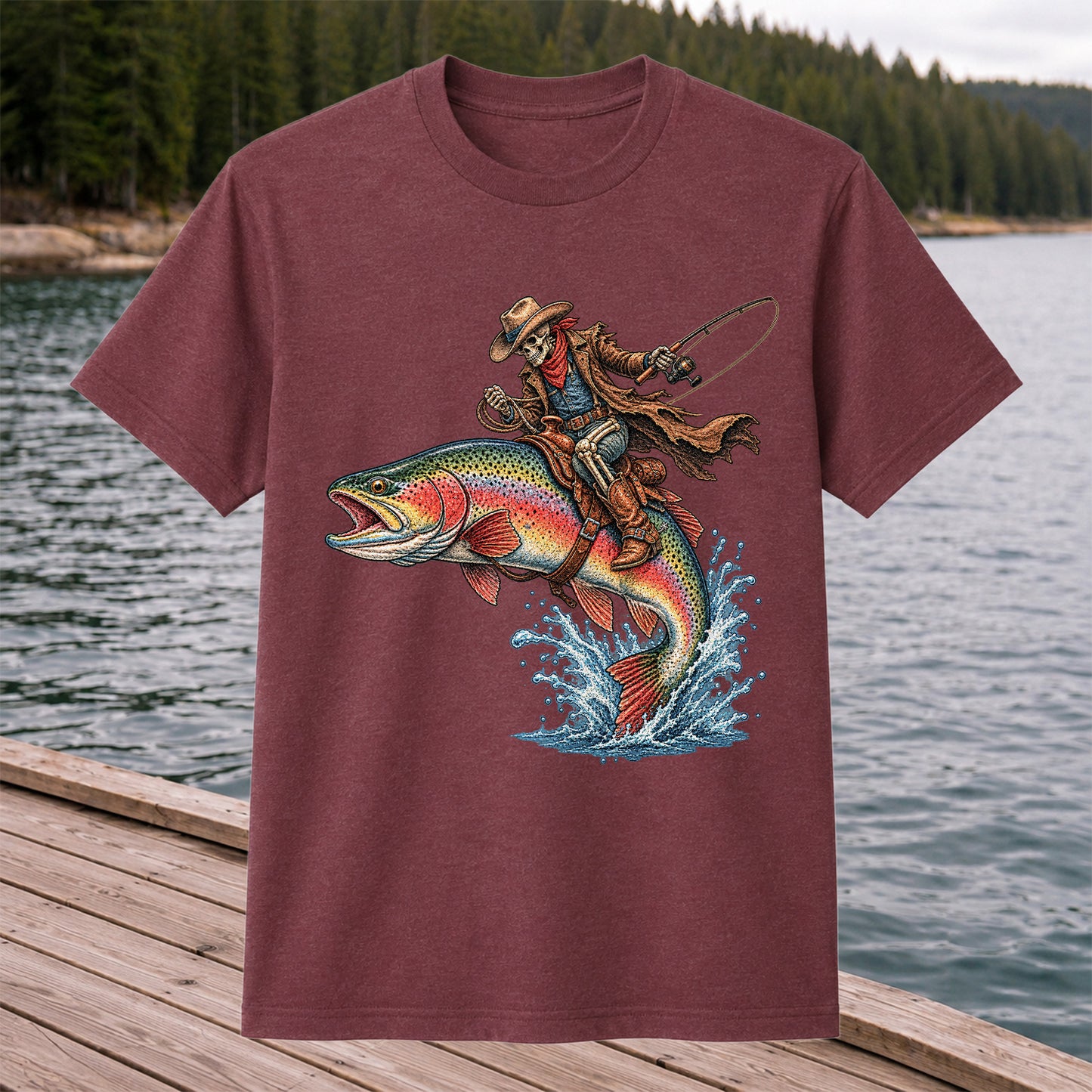 Skeleton Cowboy Riding a Rainbow Trout Fishing Graphic T-Shirt