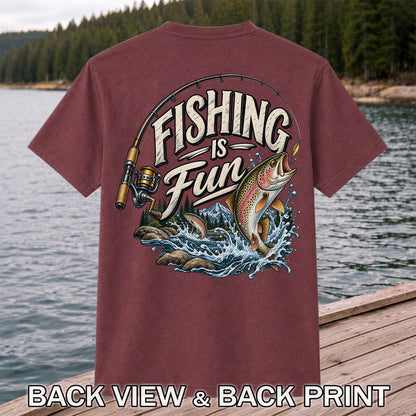 Fishing Is Fun Rainbow Trout and Mountain Graphic T-Shirt | Back Print