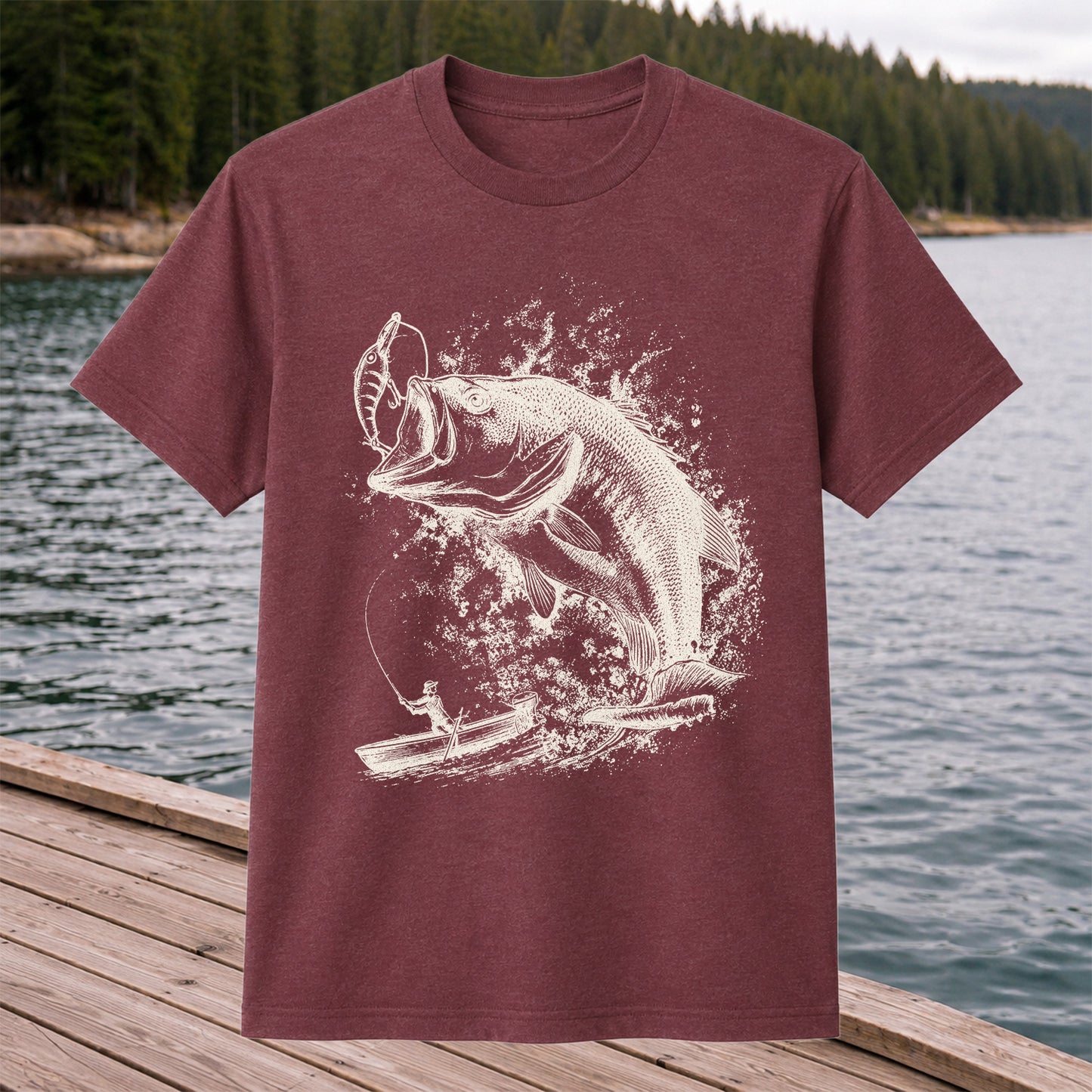 Largemouth Bass Striking Lure from Fishing Boat Graphic T-Shirt