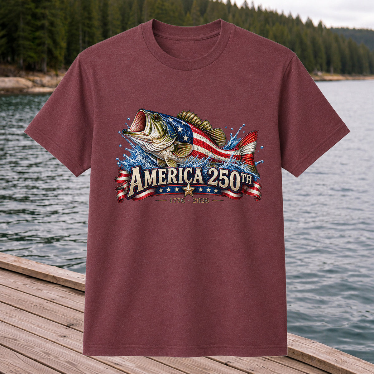 America 250th 1776–2026 American Flag Bass Fishing T-Shirt